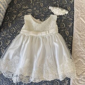 White Lace Baby Dress with Headband